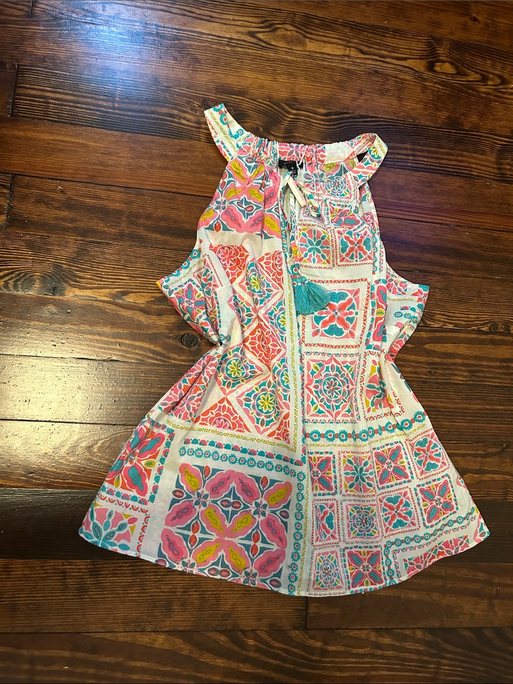 Talbots Multicolor Tile-Print Halter Top with Teal Tassel